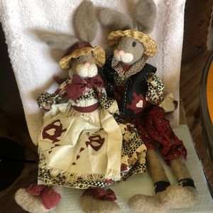 Mr. Mrs. Bunny Whimsy Folk Art Handmade 27”Cloth Dolls Shelf Sitters